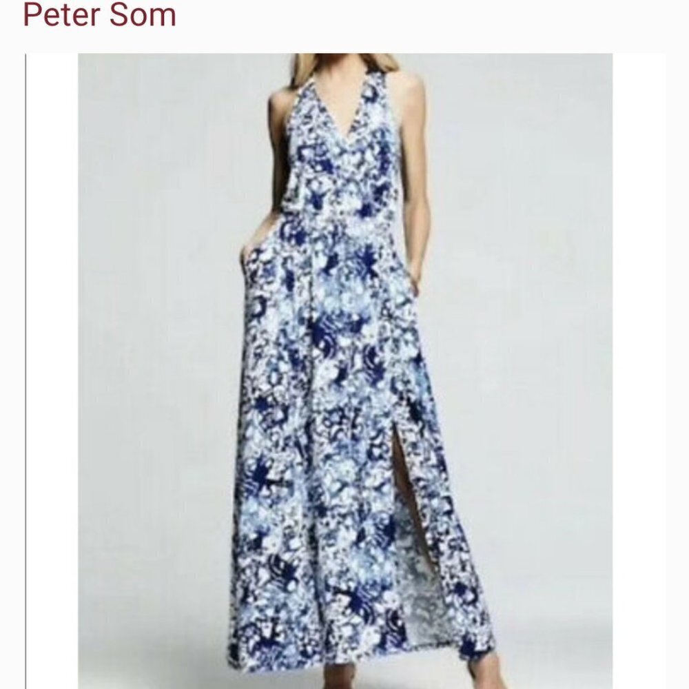 Peter Som Blue tie Dye Batik Print Floral Maxi Dress